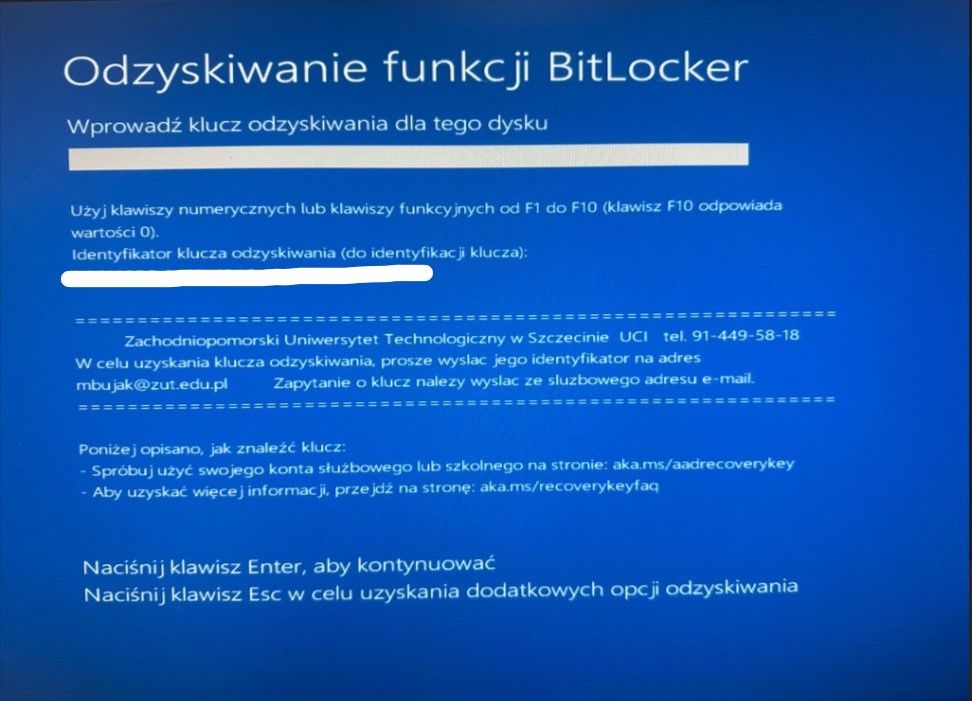 Widok niebieskiego ekranu z komunikatem funkcji Bitlocker