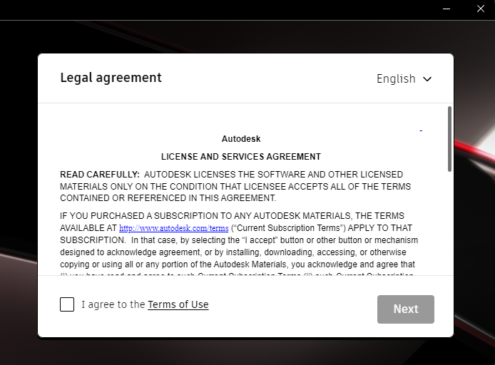 Legal agreement of AutoCAD